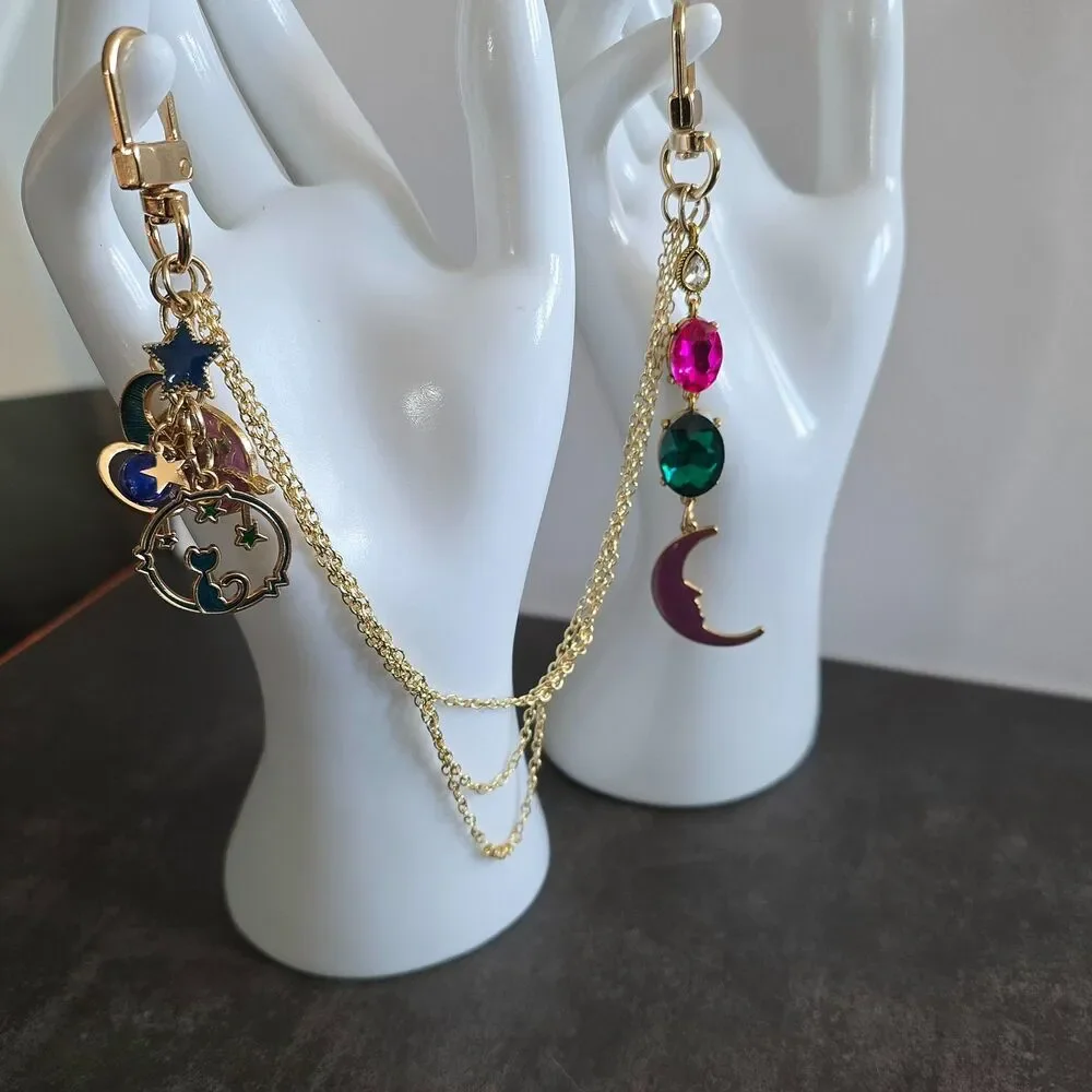 Whimsical Celestial Purse Chain Gold Tone Multi Strand Bag Charm Moon Cat Jewel